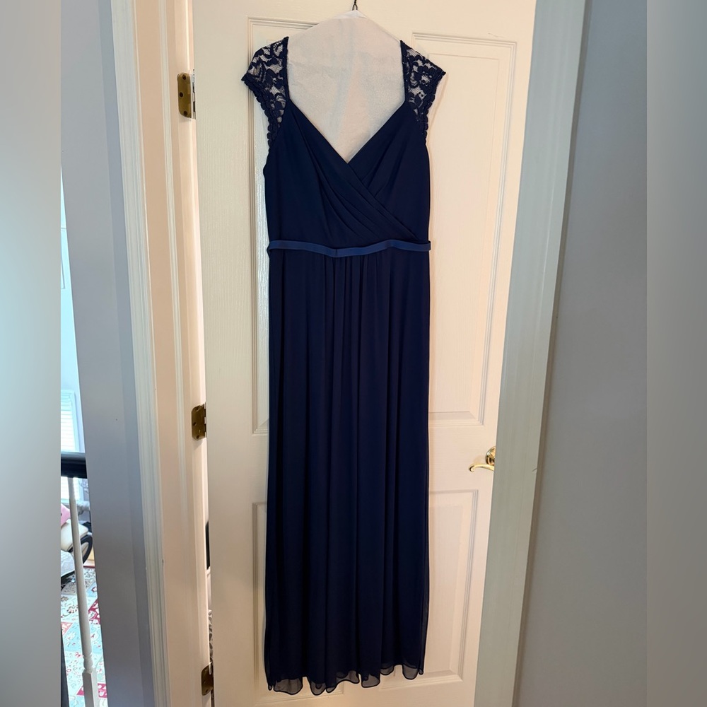 David's Bridal Navy Maxi Dress with Lace Shoulders & Open Back Design